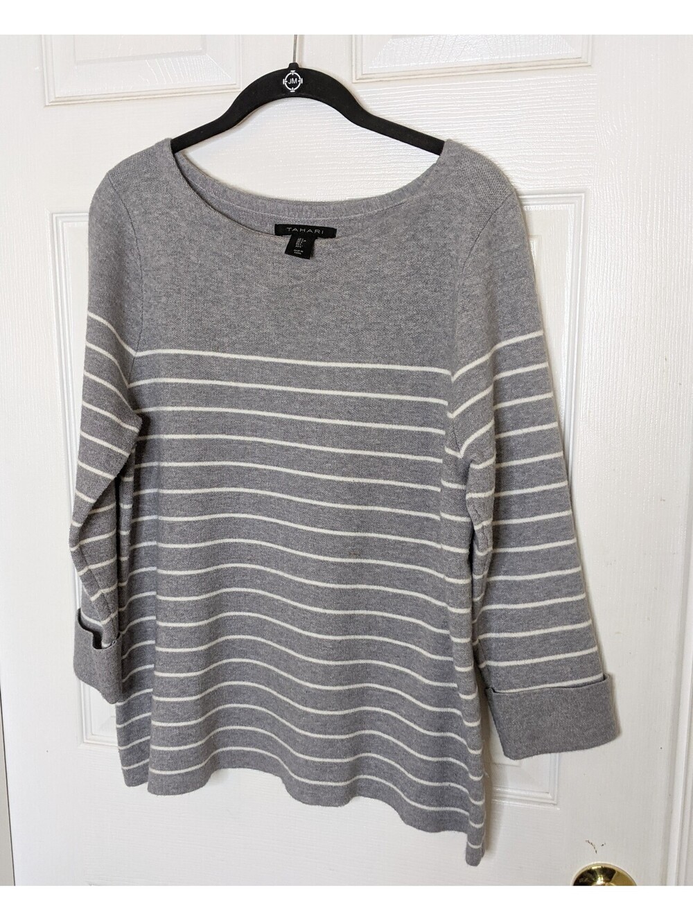 Tahari Women's Gray And White Striped Knit Boxy Pullover Sweater Size Large